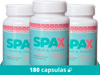 Três potes de Spax Hair & Nails. Abaixo deles a frase "180 cápsulas".